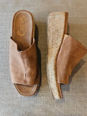 Sam Edelman Brown Suede Cork Wedge Slide Sandals